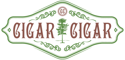Logo de Cigar Cigar, una marca dedicada a la venta de cigarros, con un diseño elegante que combina colores verde y marrón, resaltando una imagen de un árbol.