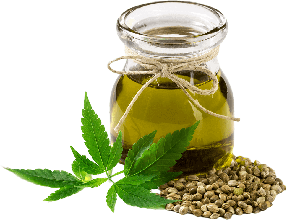 Frasco de vidrio con aceite de cáñamo, decorado con cuerda, rodeado de semillas de cáñamo y hojas verdes. Ideal para destacar sus beneficios en la salud y la cocina.