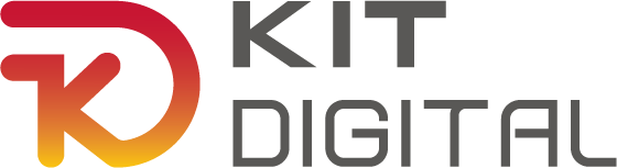 Logotipo de Kit Digital, un programa que promueve la transformación digital de pequeñas y medianas empresas en España, con un diseño moderno en tonos rojo, naranja y gris.